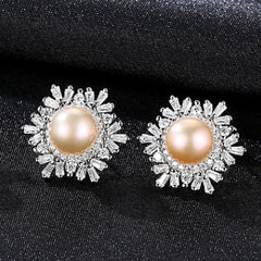 Sterling Silver Snowflake Stud Earrings Korean Gemstone Pearl Earrings Fashion Silver