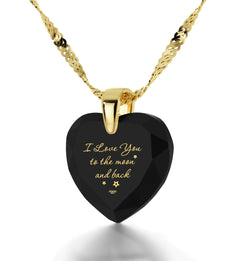 Gold Plated Silver I Love You to The Moon and Back Necklace 24k Gold Inscribed Heart Cubic Zirconia Pendant