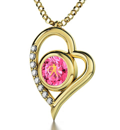 Gold Plated Silver Libra Necklace Zodiac Heart Pendant 24k Gold Inscribed on Crystal